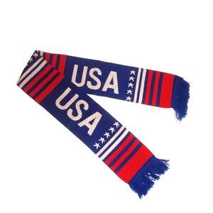 USA Kniit Scarf Blue Red White Stripe Stars Fringe 60" X 7" Excellent Condition